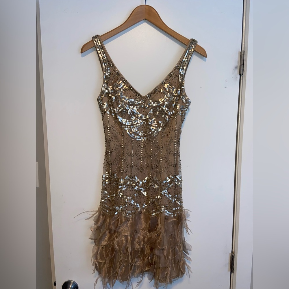 Sue Wong Beaded Gatsby Style Flapper Cocktail Dress Gold/Champagne - Picture 2 of 7